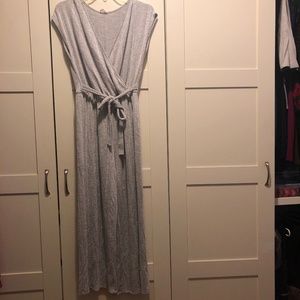 Short sleeve Grey and white striped romper with tie